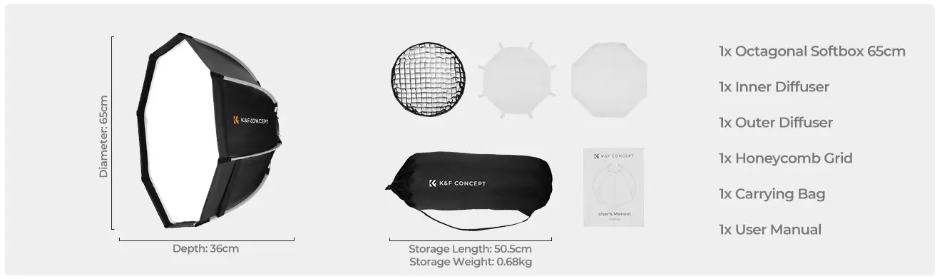 اکتاباکس کی اند اف سایز K&F Octagonal Softbox 65cm
